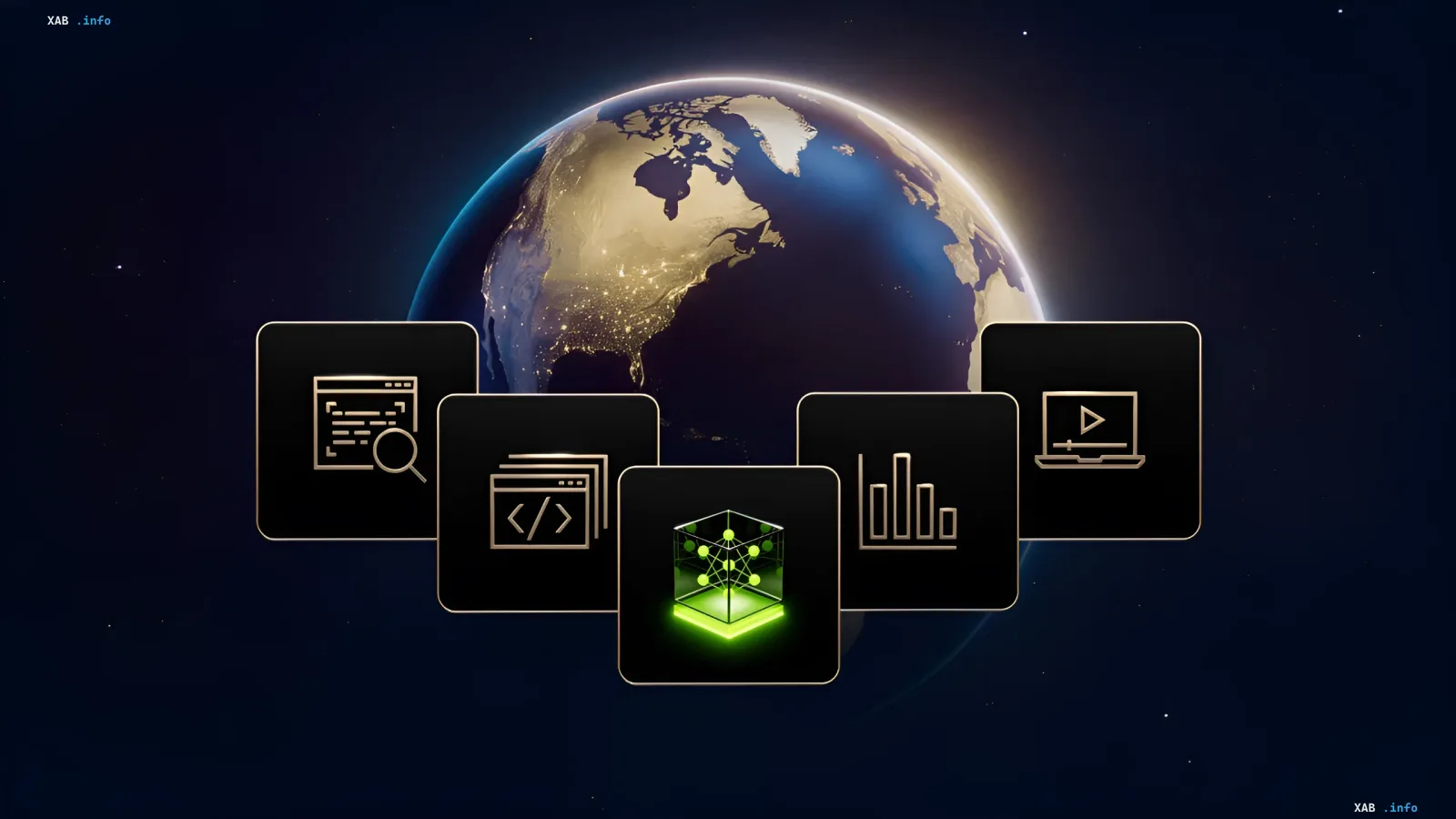 Graphic representation of planet Earth in space with digital interface icons and neural networks floating in front