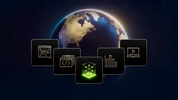 Grafische Darstellung des Planeten Erde im Weltall mit digitalen Schnittstellensymbolen und neuronalen Netzen davor