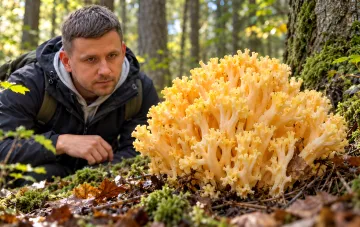 Мужчина-грибник рассматривает крупный съедобно-неопределенный коралловидный гриб оленьи рожки у основания дерева в лесу