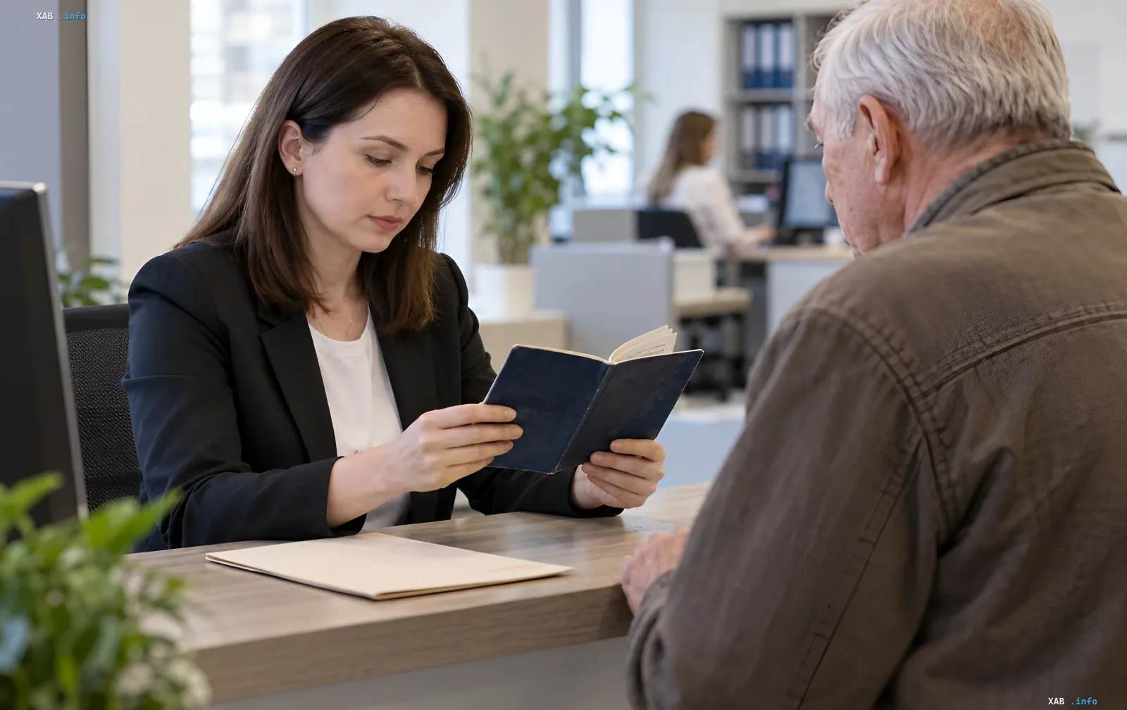 A female employee at a service center counter checks an elderly man's passport