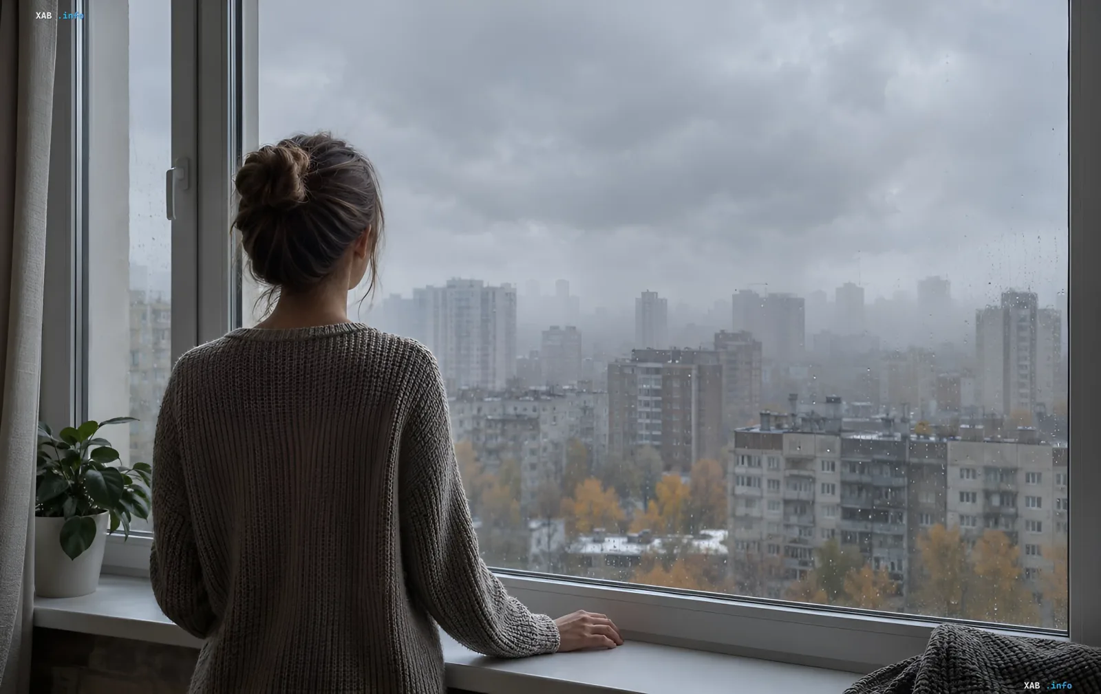 A woman in a sweater looks out a window at a gray rainy city in fog