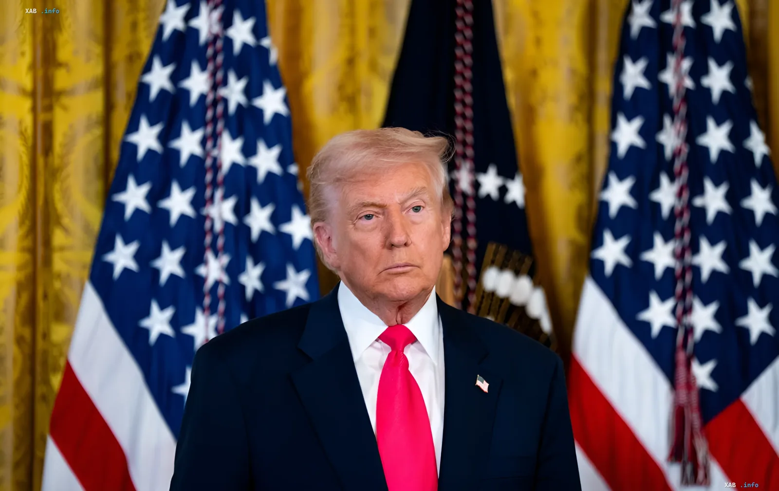 Дональд Трамп на фоне американских флагов во время выступления