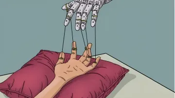Eine Roboterhand steuert eine menschliche Hand auf einem Kissen mit Fäden wie eine Marionette