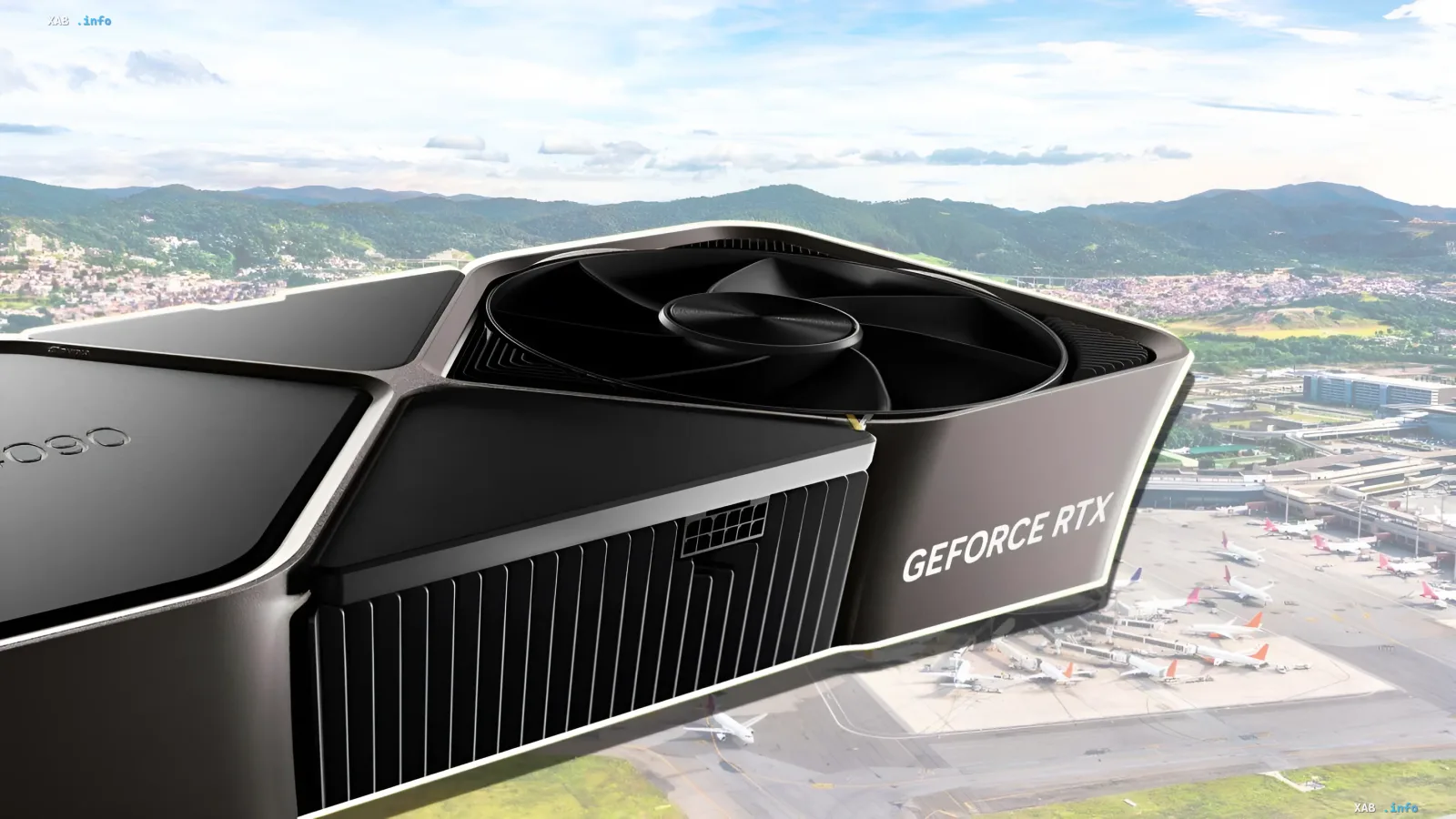 Grafikkarte GeForce RTX 5090 schwebt vor der Kulisse eines Flughafens und von Bergen als Konzeptgrafik
