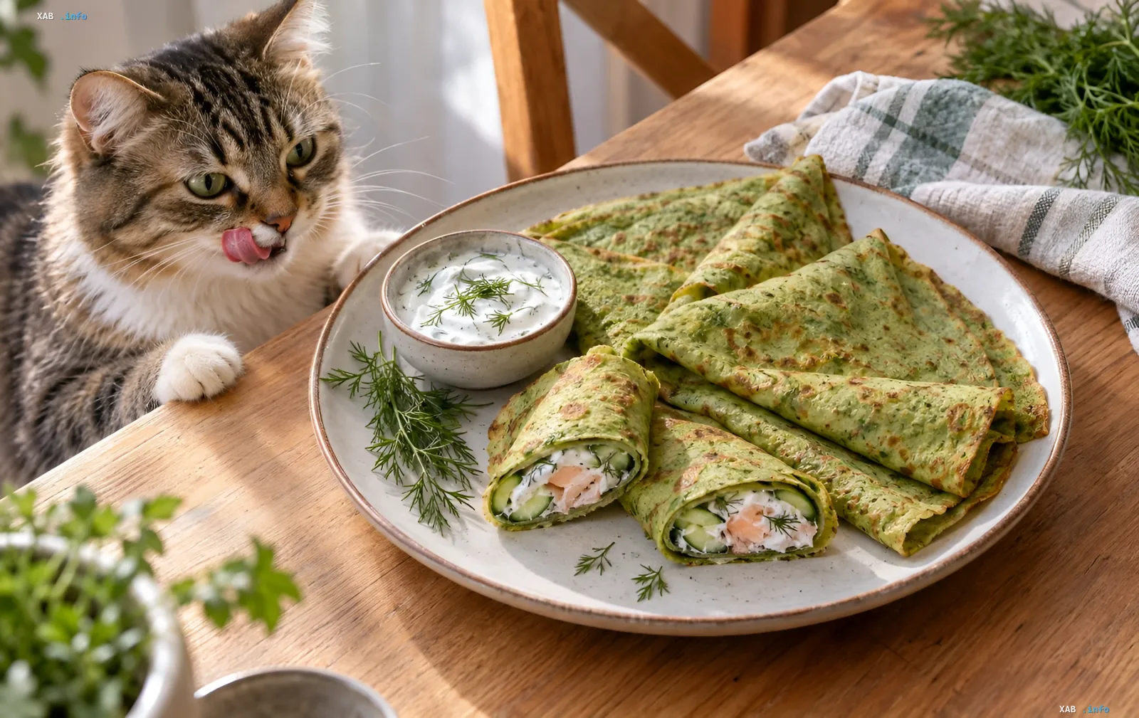 Eine neugierige Katze betrachtet einen Teller mit Spinatpfannkuchen, rotem Fisch und Sauce