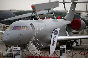 Luftgestütztes Frühwarnflugzeug Saab GlobalEye auf einem Flugtag mit Radar auf dem Rumpf