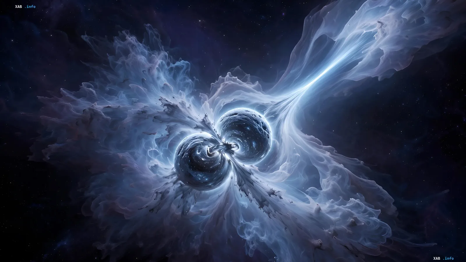 Two colliding neutron stars with powerful cosmic jets and glowing gas clouds