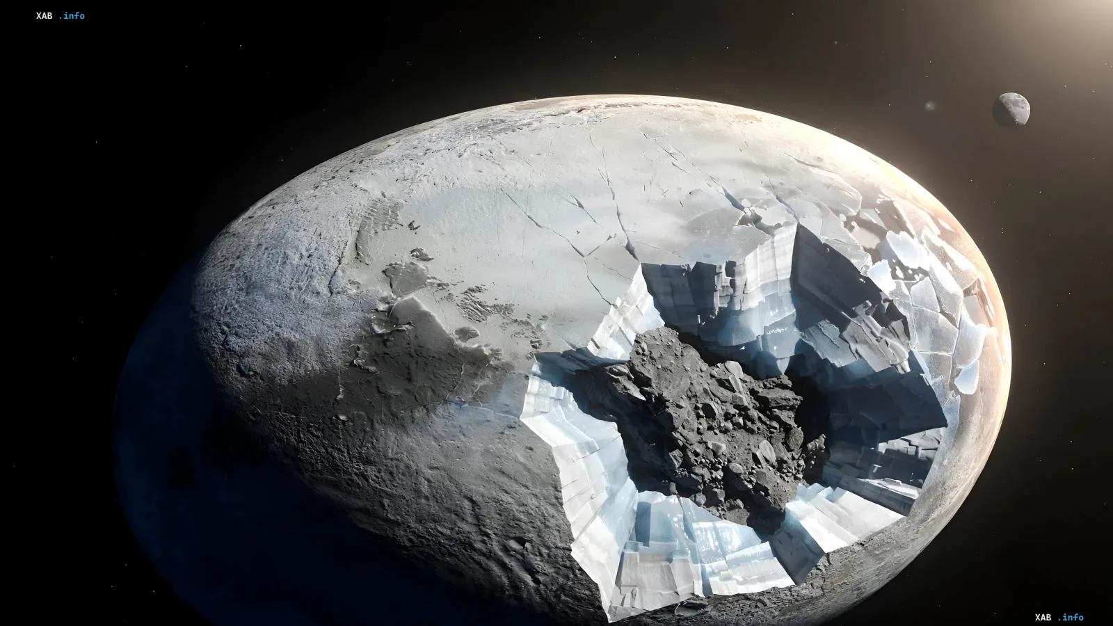 Space illustration of dwarf planet Haumea featuring a massive impact crater, rocky core, and ice mantle in deep space