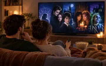 A couple on the couch watching TV featuring autumn movies by zodiac sign in a living room