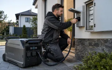 Мужчина подключает крупную зарядную станцию EcoFlow кабелем к уличному электрощитку дома