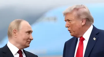 Donald Trump and Vladimir Putin talking during a meeting in front of an airplane