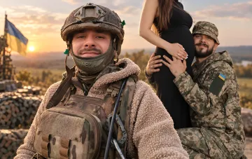 Украинский военный медик в экипировке улыбается на фоне беременной жены и флага