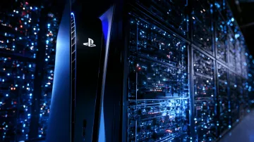PlayStation 5 Konsole neben einem Server-Rack mit blauer Beleuchtung