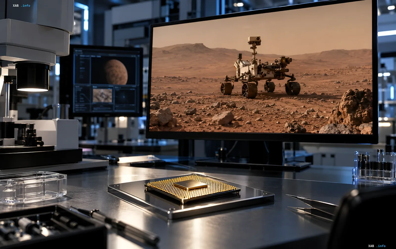 Microchip on a laboratory desk next to a monitor showing a Mars rover against a Martian landscape