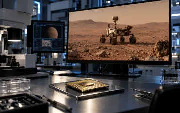 Mikrochip auf einem Labortisch neben einem Monitor, der einen Marsrover vor einer Marsoberfläche zeigt