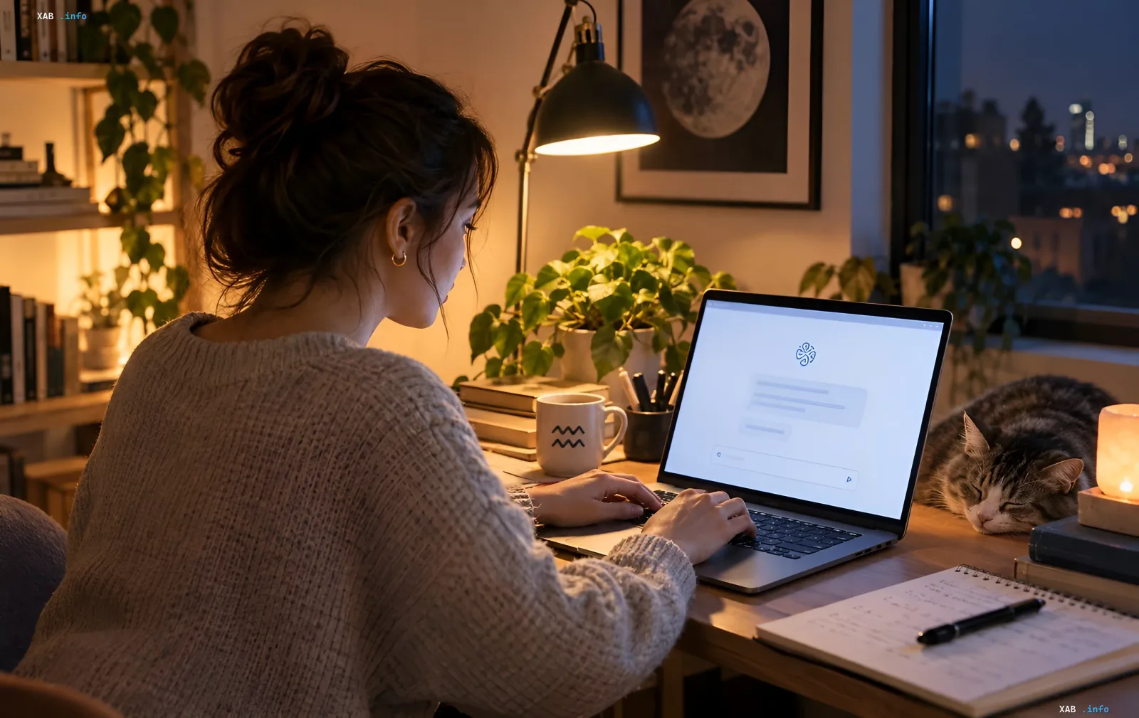 Eine Frau mit Laptop und einer Katze am Schreibtisch in einem gemütlichen Abendzimmer mit weichem Lampenlicht