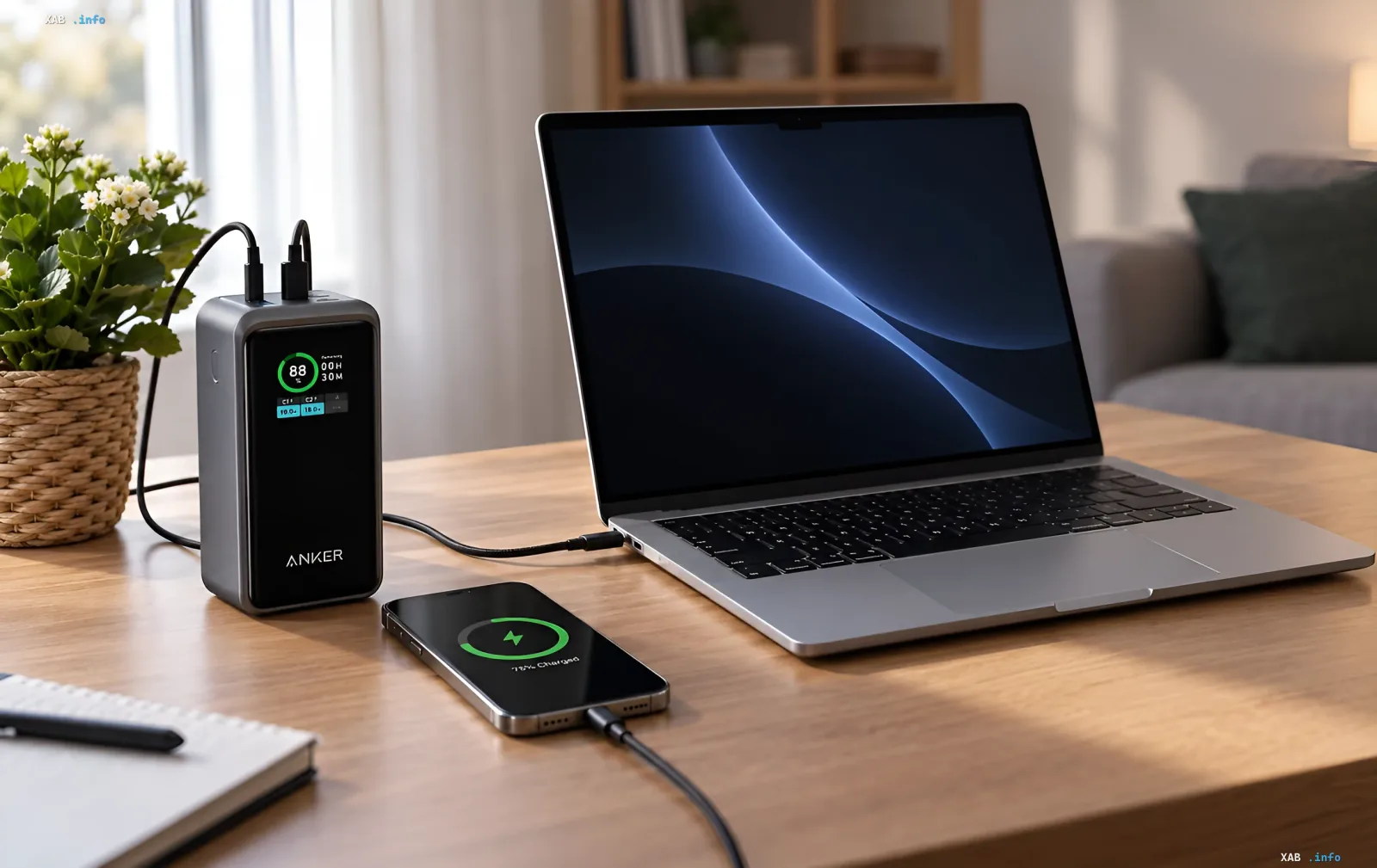 Eine Anker-Powerbank, ein Laptop und ein Smartphone stehen während des Ladevorgangs auf einem Holztisch