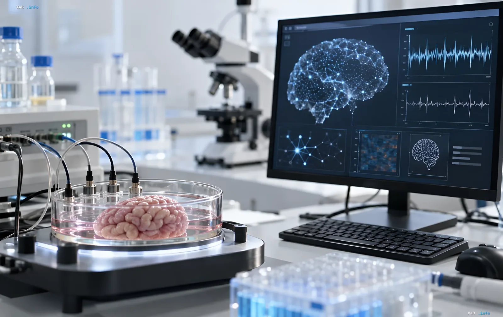 Laboratory bench featuring a grown mini-brain in a Petri dish and a monitor displaying brain activity
