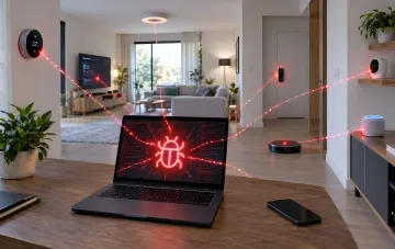 Laptop mit geöffnetem Bildschirm und Käfer-Symbol, umgeben von Smart-Geräten mit roten Laserstrahlen