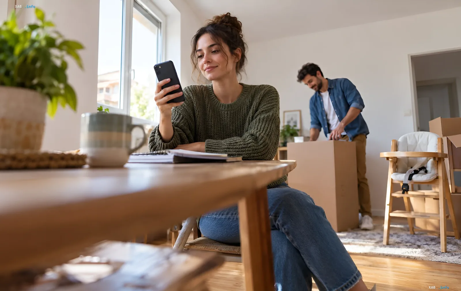 Junges Paar prüft Smartphone und packt Kartons beim Umzug in eine neue Wohnung im Rahmen des eOselya-Programms