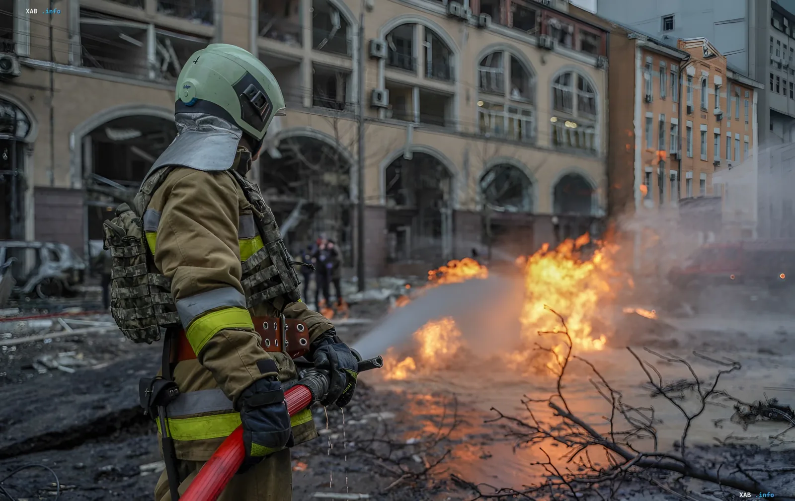 A firefighter in protective gear puts down a fire after shelling in a residential area of Kyiv