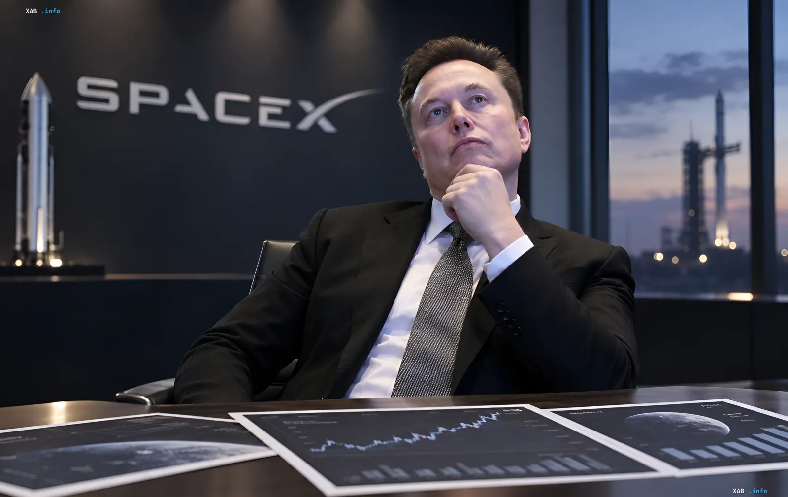 Elon Musk sitzt nachdenklich an einem Schreibtisch mit Finanzdiagrammen vor dem SpaceX-Logo und einer Rakete