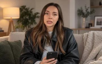 A long-haired woman in a black leather jacket holds a smartphone while sitting on a couch at home.