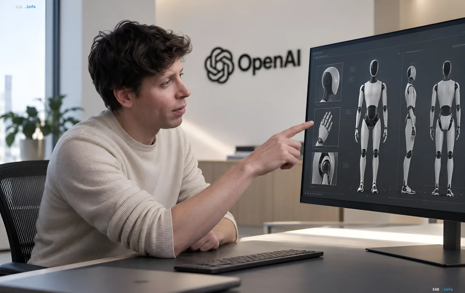 Sam Altman zeigt auf einen Computermonitor mit Entwürfen eines humanoiden OpenAI-Roboters