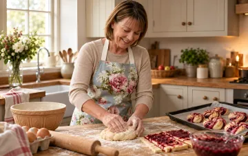 Frau in einer Schürze in der Küche beim Kneten von Hefeteig für Beerenbrötchen