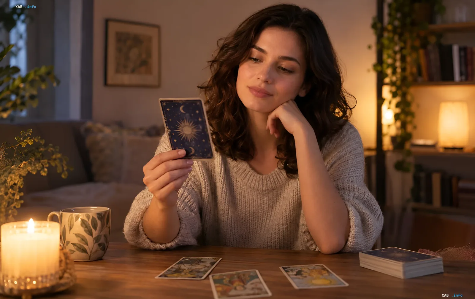 A woman reads Tarot cards at a wooden table by candlelight in a cozy evening setting