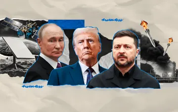 Владимир Путин, Дональд Трамп и Владимир Зеленский на фоне ракет и спутника Starlink