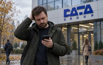A man in a jacket looks confused holding his head and a smartphone in front of the Datagroup data center building