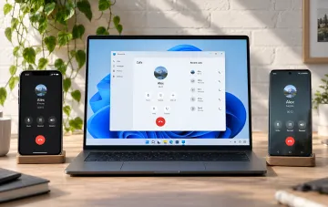 Windows 11 laptop with open Phone Link app and two smartphones on stands on the sides