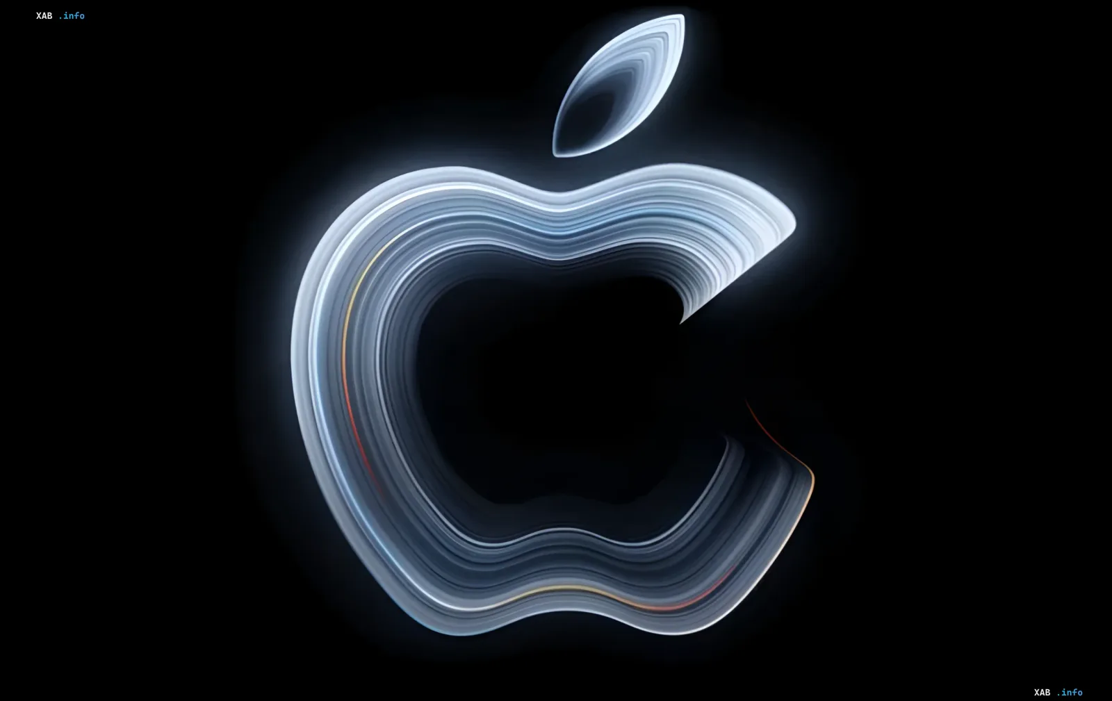 Стилизованный светящийся логотип Apple в виде яблока на черном фоне с абстрактными цветными линиями
