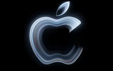 Стилизованный светящийся логотип Apple в виде яблока на черном фоне с абстрактными цветными линиями