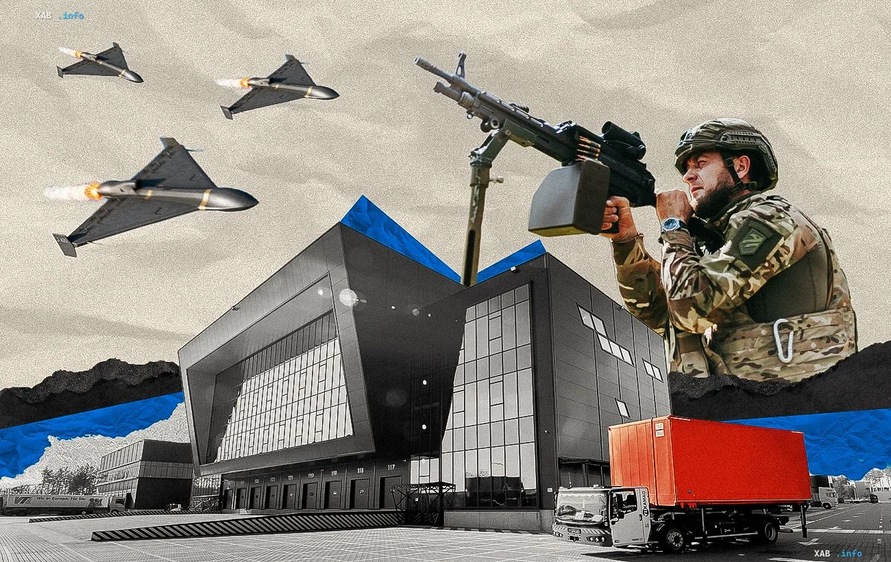 Military air defense operator with a machine gun protecting an industrial facility from enemy kamikaze drones.