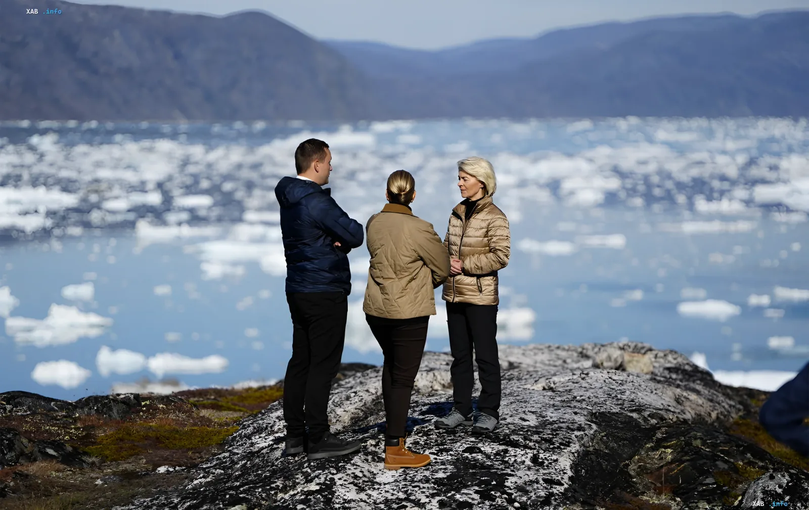 European Commission President Ursula von der Leyen and officials discussing the Arctic strategy against a backdrop of icebergs