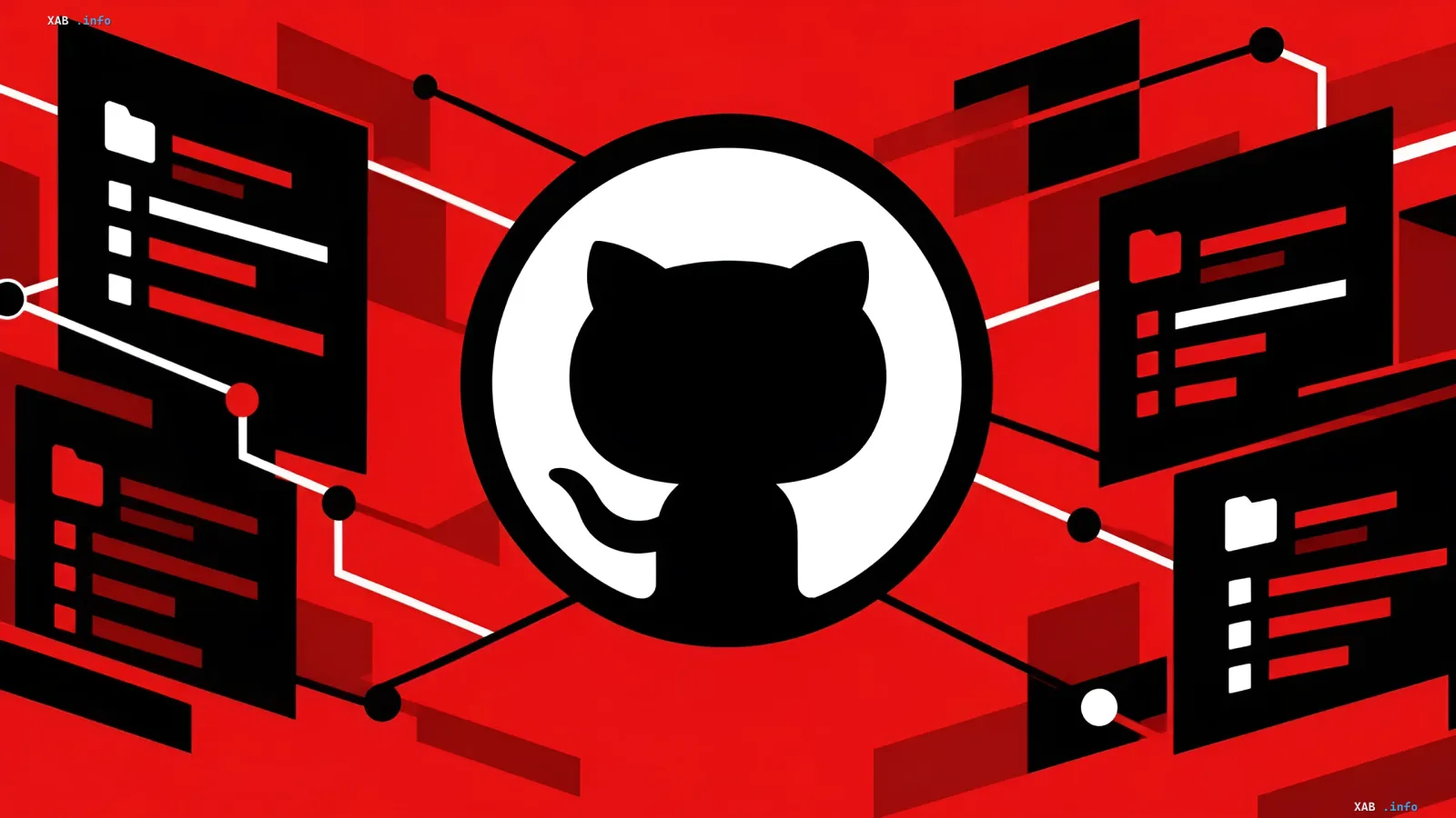 Черный логотип GitHub в окружении красных цифровых интерфейсов и схем вредоносной кампании