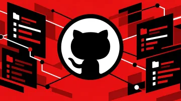 Schwarzes GitHub-Logo umgeben von roten digitalen Schnittstellen und Diagrammen einer Schadkampagne