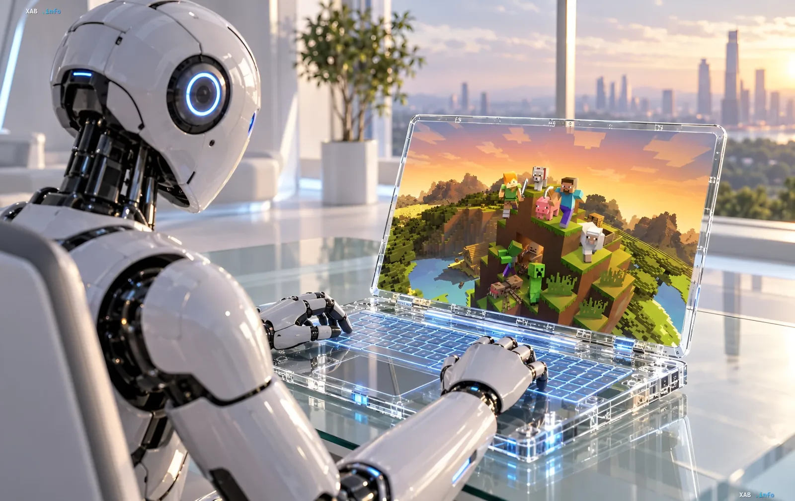 Белый робот с синими светящимися глазами играет в Minecraft на футуристическом прозрачном ноутбуке за стеклянным столом с видом на мегаполис