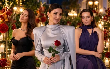 Three participants of the Ukrainian show The Bachelor in elegant evening dresses posing with a red rose on a romantic date