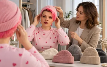 Eine Frau vor dem Spiegel probiert eine rosa Beanie-Mütze im Geschäft an
