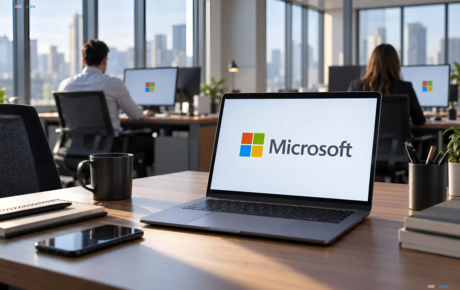 Ноутбук с логотипом Microsoft на фоне офиса и сотрудников в бизнес-центре