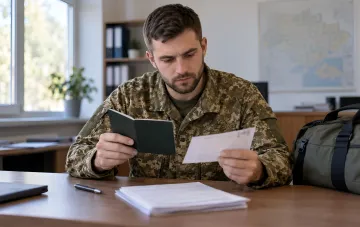 Украинский военнослужащий в камуфляжной форме сидит за столом и изучает отпускной билет и документы