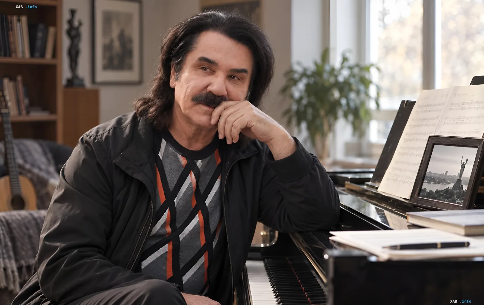 Ukrainian singer Pavlo Zibrov sits at a black piano in a bright room
