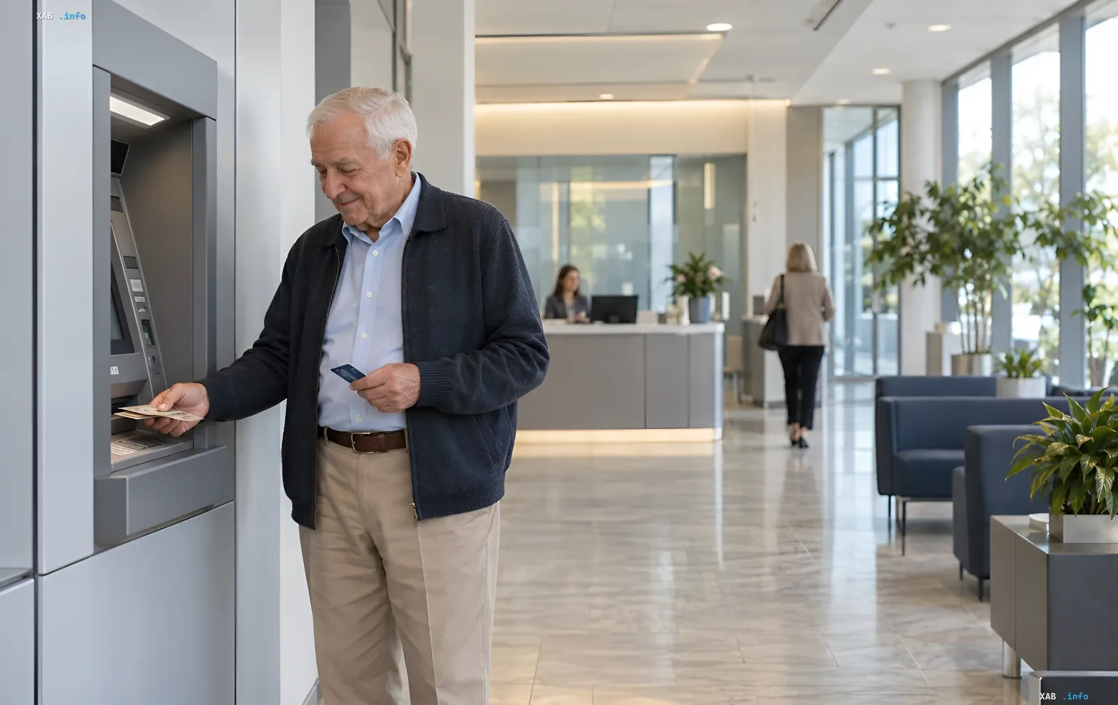 Elderly man withdrawing cash from an ATM inside a bright bank branch