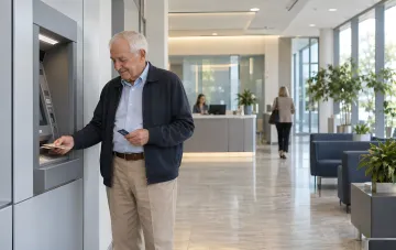 Elderly man withdrawing cash from an ATM inside a bright bank branch