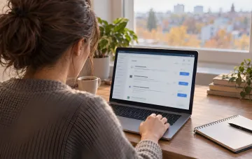 Frau am Laptop arbeitet remote in einem hellen Raum am Fenster mit Blick auf eine herbstliche Stadt
