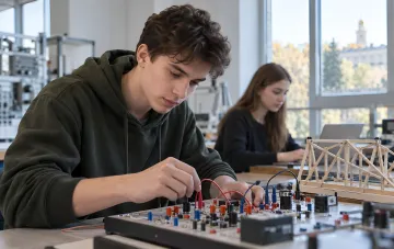 A student conducting a physics experiment in a modern university laboratory near a bridge model