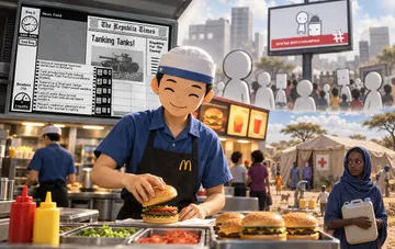 Eine Collage mit einer Videospiel-Figur an einer Fast-Food-Theke vor dem Hintergrund von Newsfeeds und städtischen Szenen
